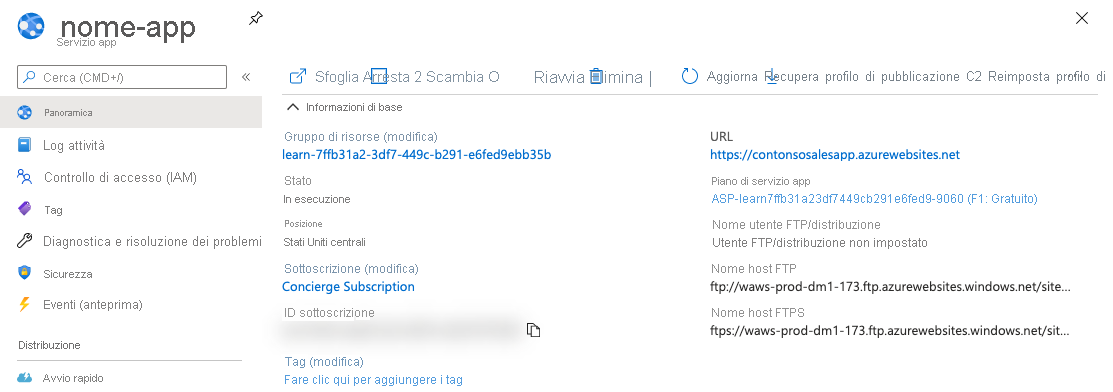 Screenshot che mostra il riquadro Servizio app con il collegamento all'URL della sezione di panoramica evidenziata.