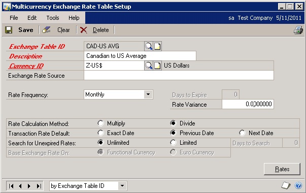 Screenshot della finestra di configurazione della tabella del tasso di cambio multivaluta per una tabella Average.