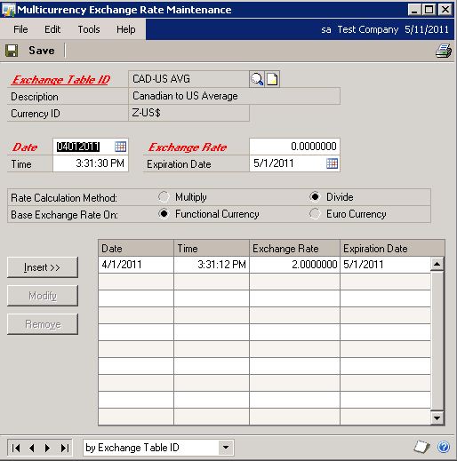 Screenshot della finestra Manutenzione del tasso di cambio multivaluta per una tabella media.
