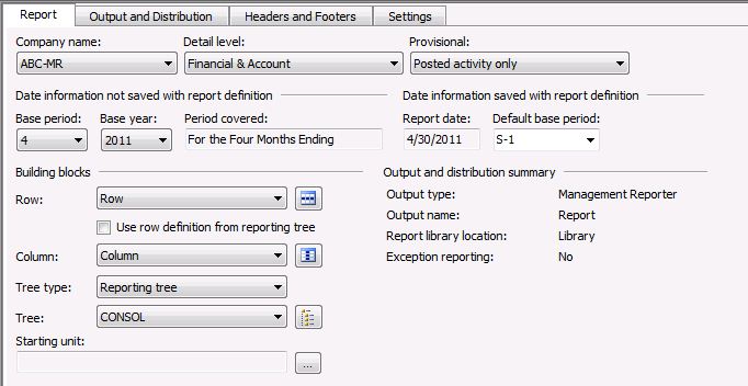 Screenshot di una definizione di report di esempio nella scheda Report.