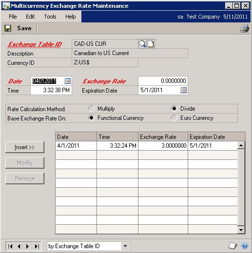 Screenshot della finestra Manutenzione del tasso di cambio multivaluta per una tabella corrente.
