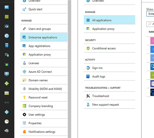 Screenshot per selezionare l'elemento Tutte le applicazioni dopo aver selezionato l'elemento Applicazioni aziendali.