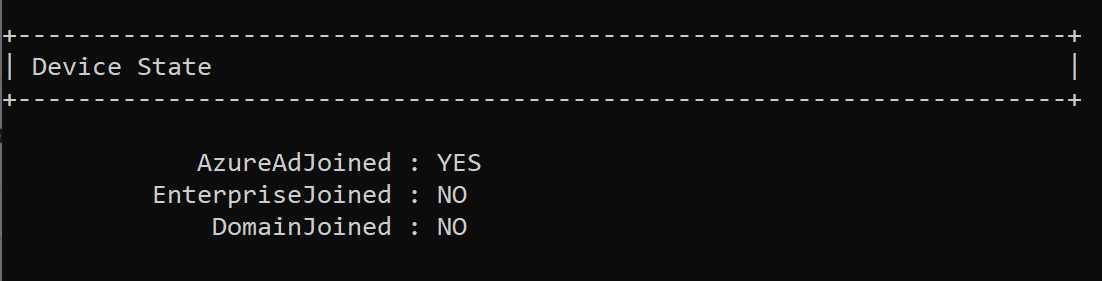Screenshot dello stato del dispositivo nel prompt dei comandi quando si esegue dsregcmd /status.