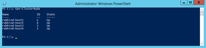 Screencap showing the results of running the Get-ClusterNode cmdlet