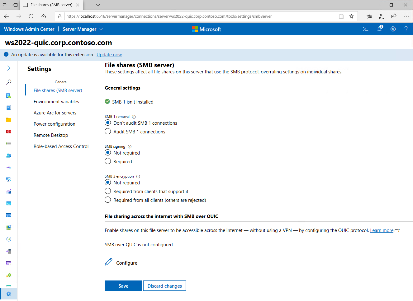 Immagine che mostra la schermata di configurazione per SMB su QUIC in Windows Amministrazione Center