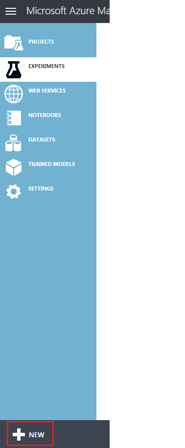 Screenshot del portale classico di Microsoft Azure Machine Learning Studio, che mostra il pulsante Nuovo evidenziato nel menu.