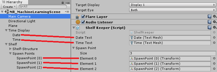 Screenshot del pannello Gerarchia, che mostra che le voci di menu Date, Time e Le tre voci di menu Spawn Point si trovano nella classe Shelf Keeper.