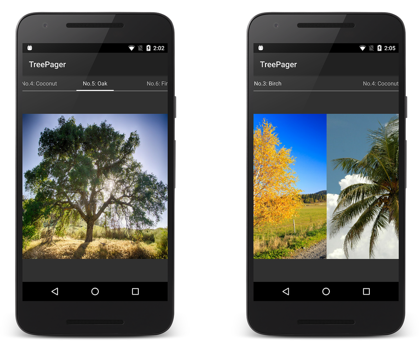 Screenshot dell'app TreePager con un esempio di scorrimento rapido orizzontale