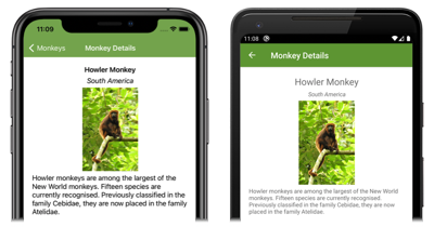 Screenshot dei dettagli delle scimmie, in iOS e Android