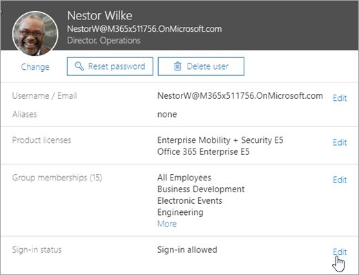 Screenshot dello stato di accesso di un utente in Office 365.