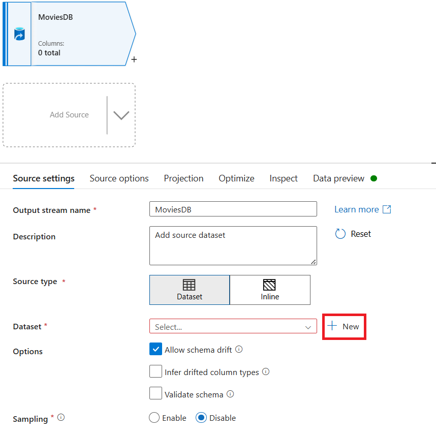 Screenshot che mostra dove selezionare Nuovo dopo aver nominato l'origine.