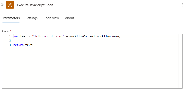 Screenshot che mostra l'azione Esegui codice JavaScript con il codice di esempio predefinito.