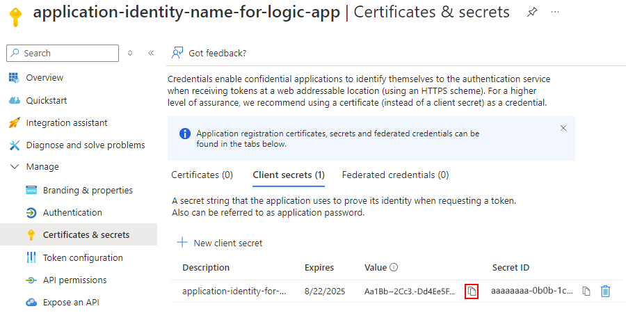 Screenshot che mostra il valore del segreto e l'ID segreto con il pulsante Copia per il valore segreto selezionato.