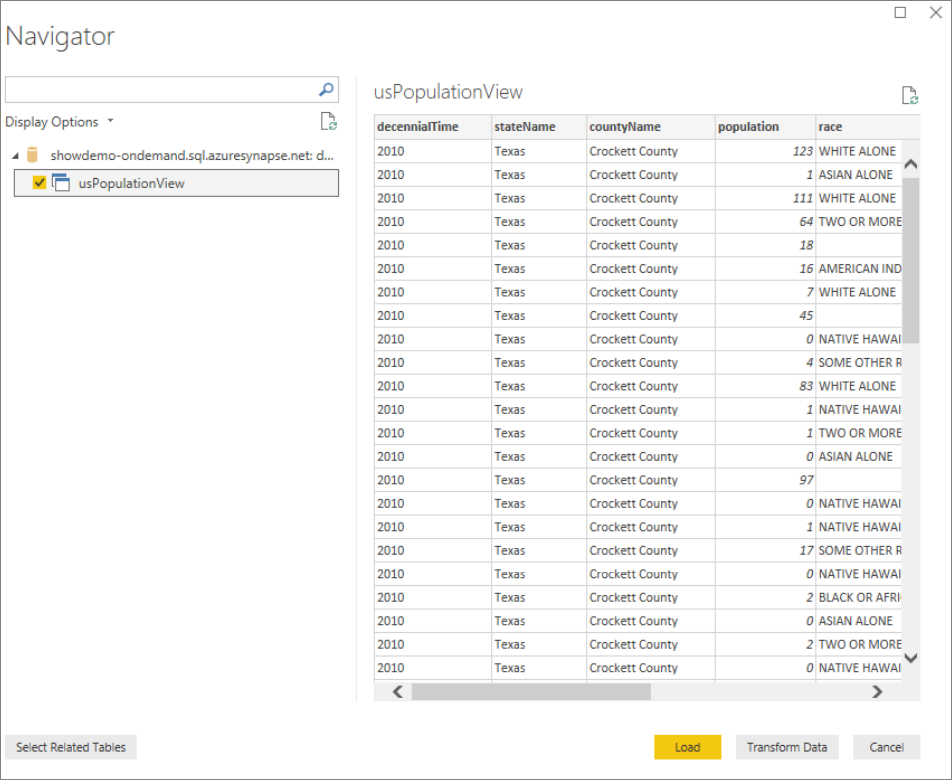 Selezionare una visualizzazione nel database selezionato.