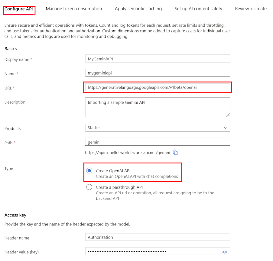 Screenshot dell'importazione di un'API Gemini LLM nel portale.