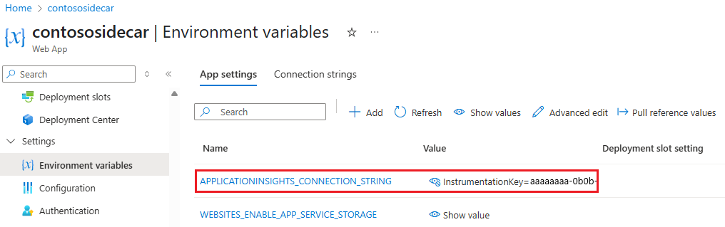 Screenshot che mostra la pagina Configurazione di un'app Web con due impostazioni dell'app aggiunte.