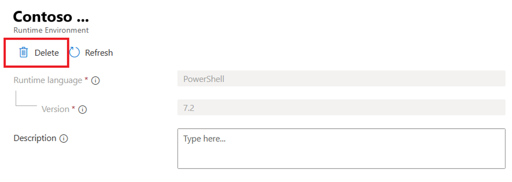 Screenshot che mostra come eliminare l'ambiente di runtime.