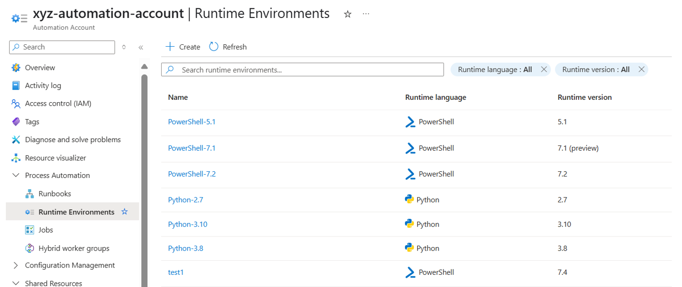 Screenshot che mostra come visualizzare l'elenco di tutti gli ambienti di runtime.