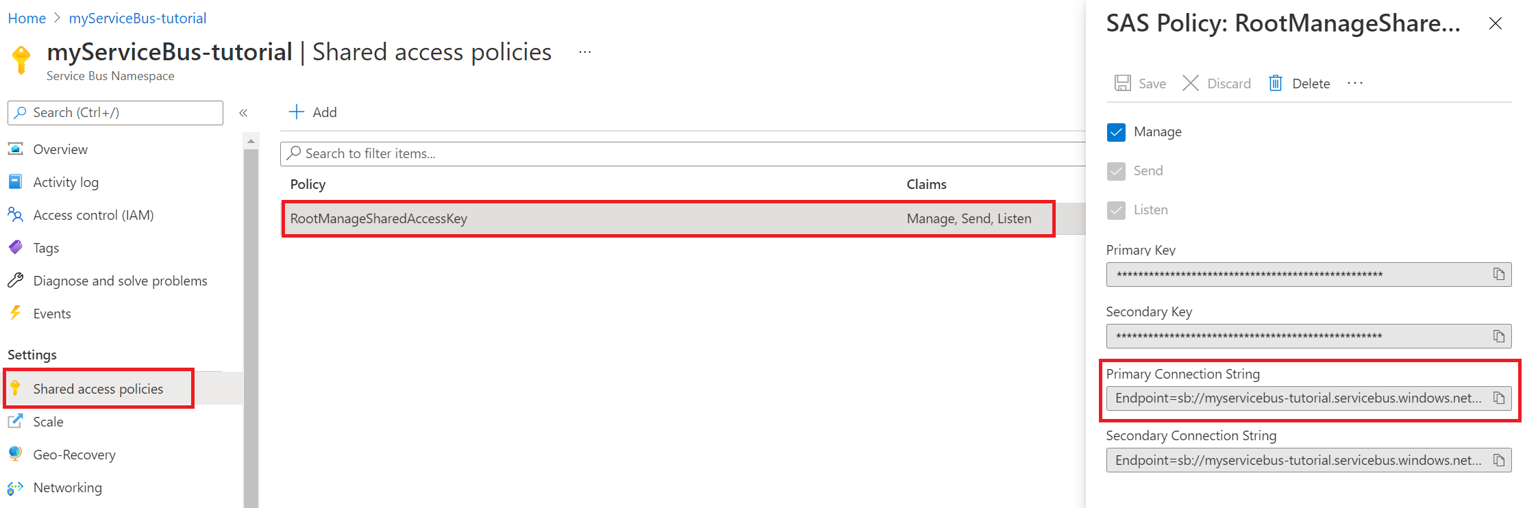 Screenshot di come ottenere una stringa di connessione del bus di servizio.