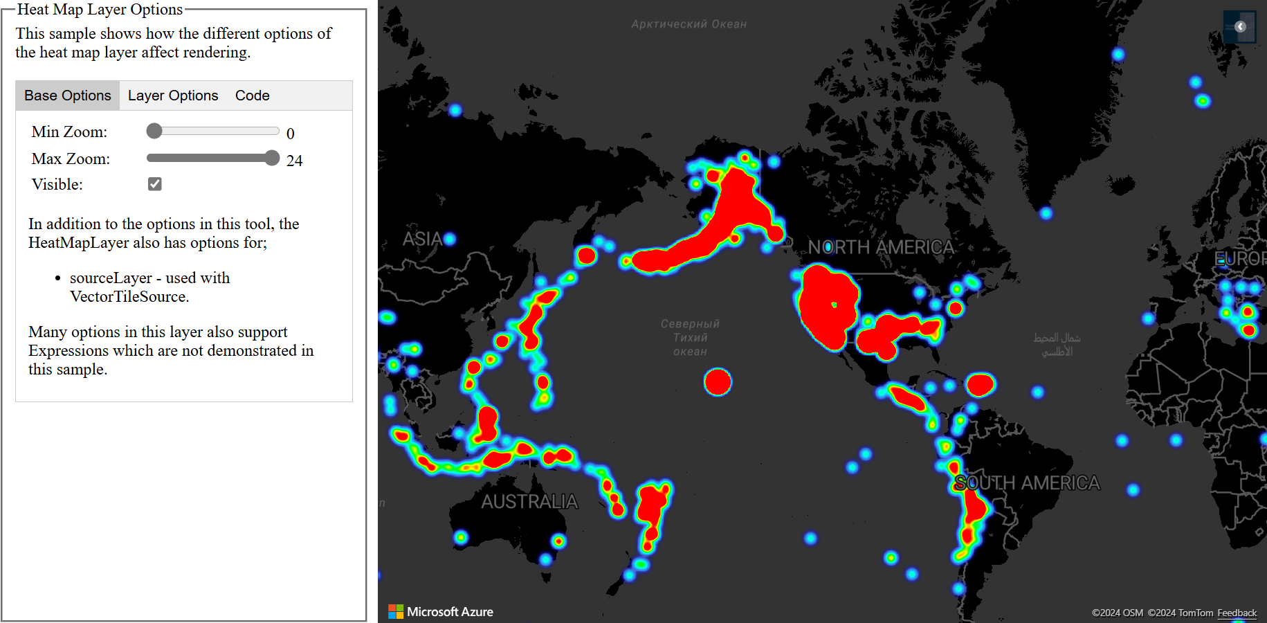 Screenshot di una mappa che mostra una mappa termica e un pannello con impostazioni modificabili che mostrano in che modo le diverse opzioni del livello mappa termica influiscono sul rendering.