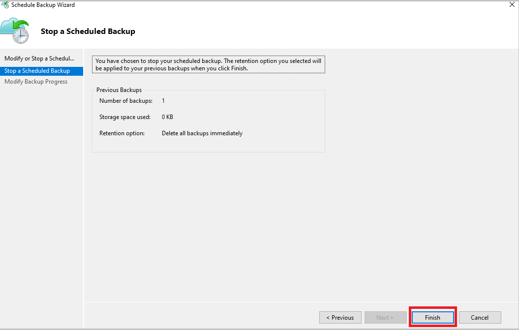 Screenshot che mostra l'arresto di un backup pianificato.