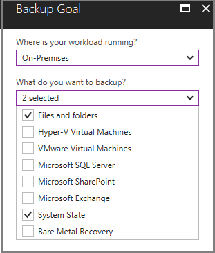 Screenshot che mostra il menu Obiettivo del backup.