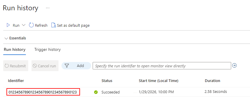Screenshot che mostra l'elenco della Cronologia di esecuzione per il flusso di lavoro Standard.