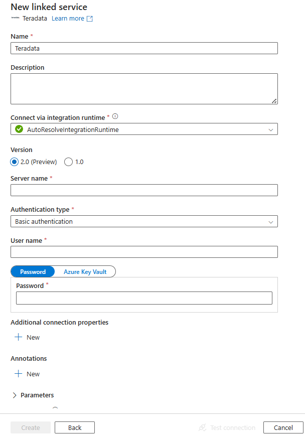 Configurare un servizio collegato in Teradata.