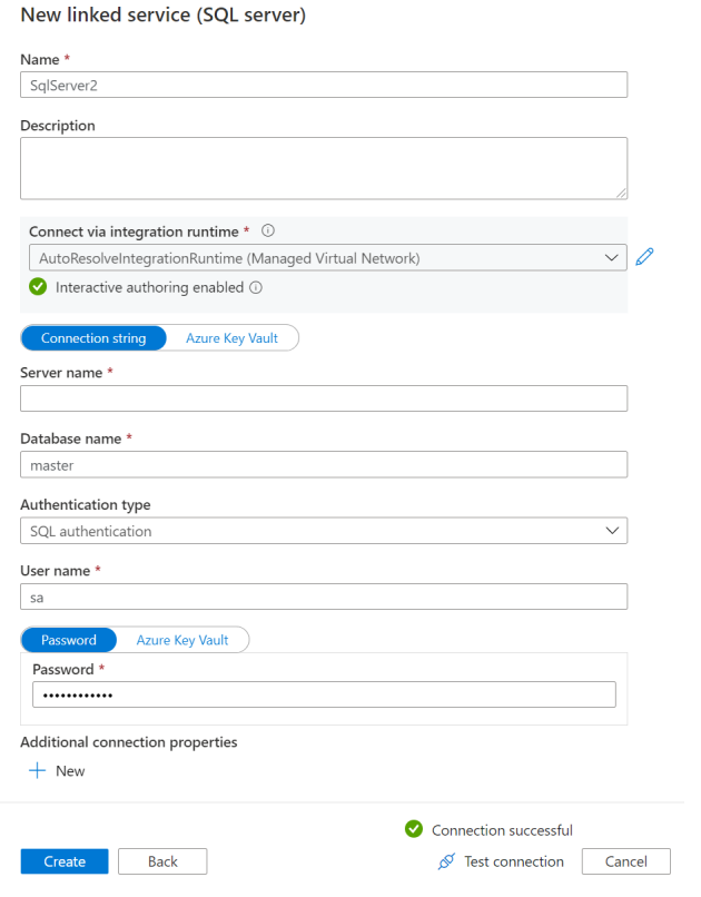 Screenshot che mostra la pagina di creazione del servizio collegato di SQL Server.