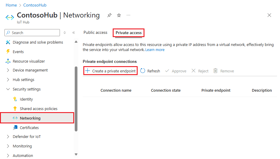 Screenshot che mostra dove aggiungere un endpoint privato per un hub IoT.