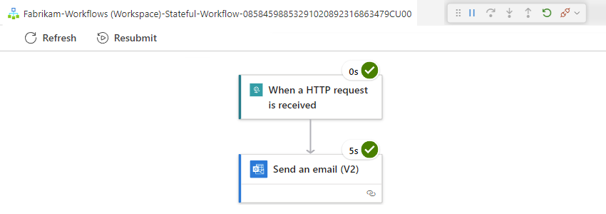 Screenshot che mostra ogni passaggio dell'esecuzione del flusso di lavoro e il relativo stato.