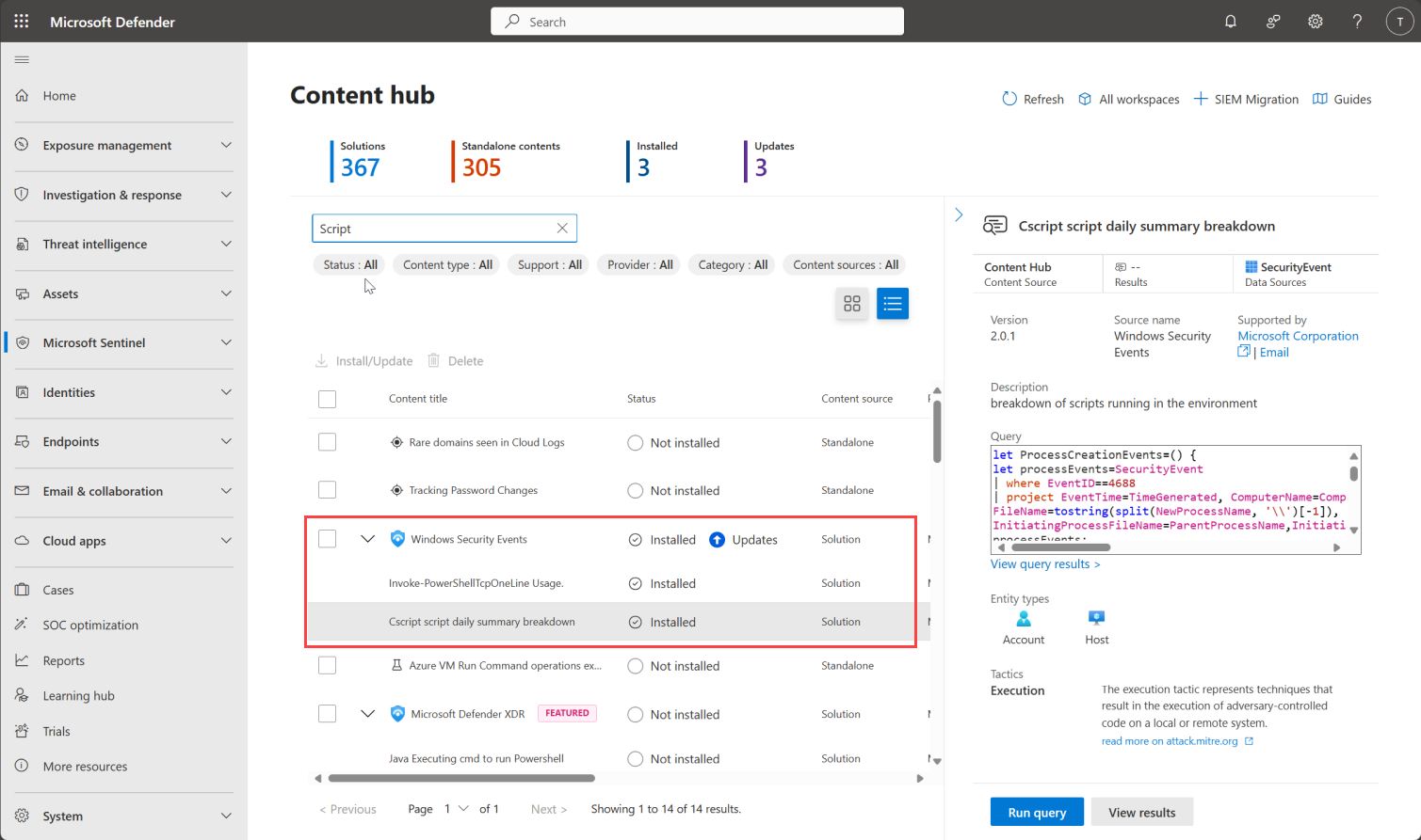 Screenshot dell'hub del contenuto di Microsoft Sentinel nel portale di Defender.