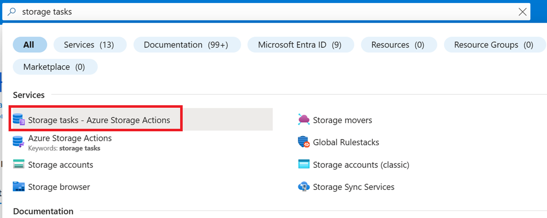 Screenshot del risultato di ricerca della stringa Attività di archiviazione.