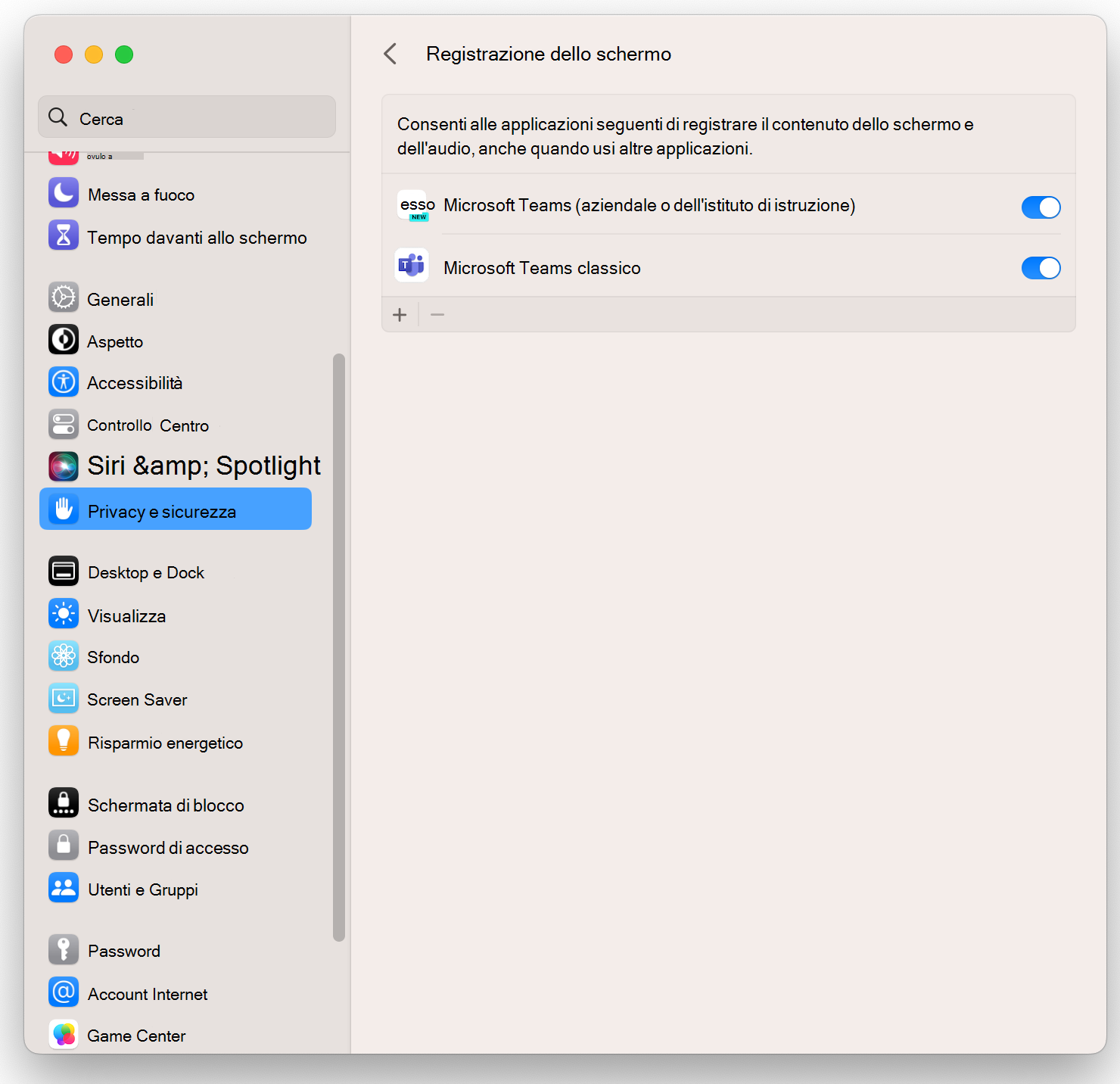 Pagina di registrazione dello schermo di Teams per Mac.