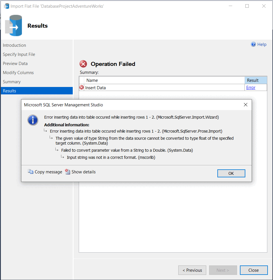 Screenshot di un errore nei risultati della Creazione guidata di importazione di file flat.