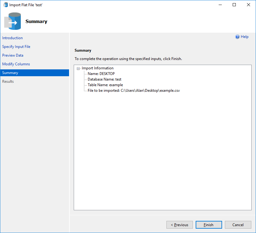 Screenshot del menu Riepilogo importazione guidata file flat.