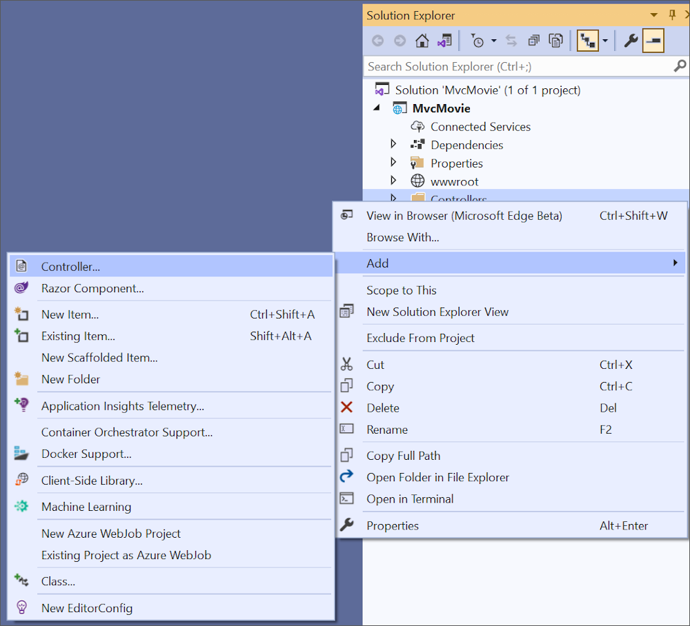 Esplora soluzioni, fare clic con il tasto destro su Controller > Aggiungi > Controller