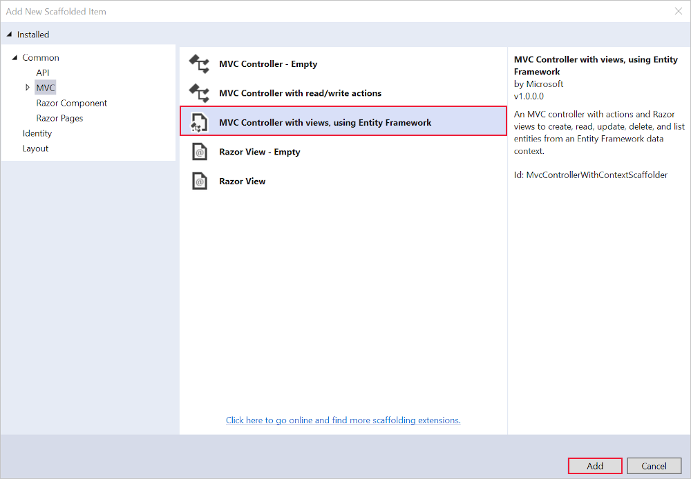 Finestra di dialogo Aggiungi scaffolding