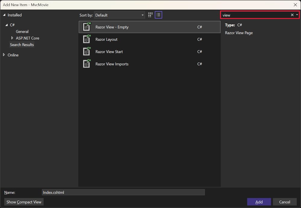 Finestra di dialogo Aggiungi nuovo elemento