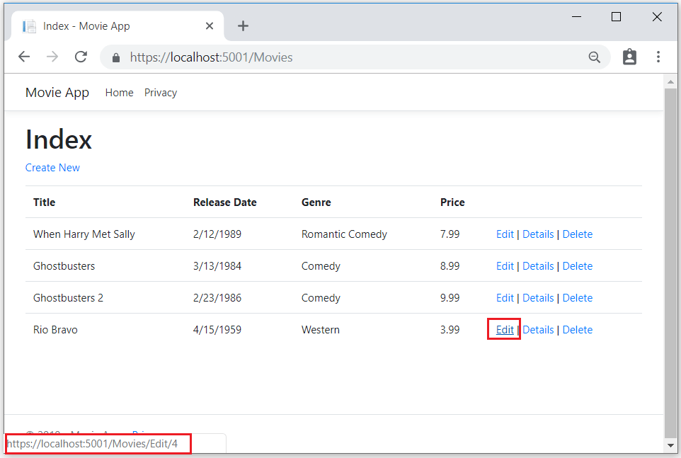 Finestra del browser con il passaggio del mouse sul collegamento Edit (Modifica) e un URL di collegamento di https://localhost:5001/Movies/Edit/5