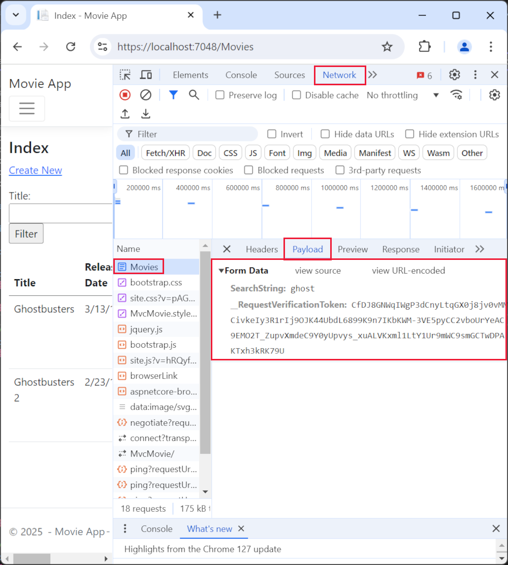 Schede Rete e Payload di Chrome Browser Developer Tools con i dati del modulo