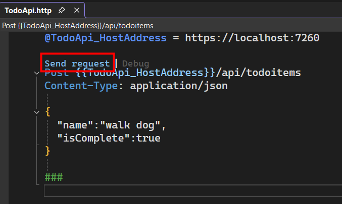 Finestra del file .http con collegamento di esecuzione evidenziato.
