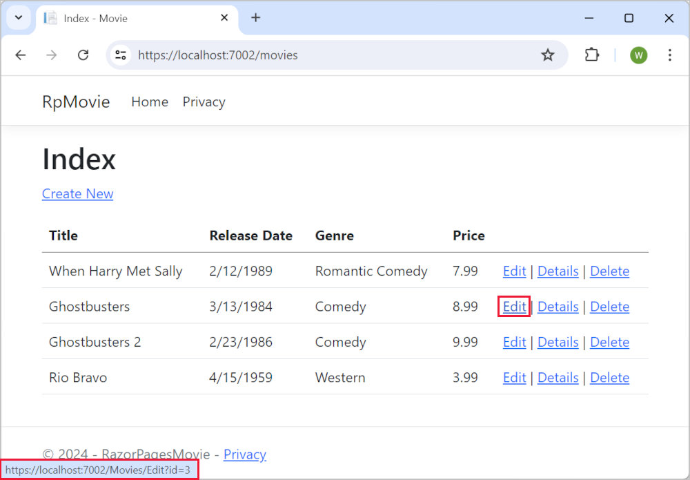 Finestra del browser con il passaggio del mouse sul collegamento Edit (Modifica) e un URL di collegamento di https://localhost:1234/Movies/Edit/5