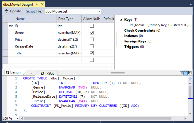 Tabelle Movie aperte nella finestra di progettazione