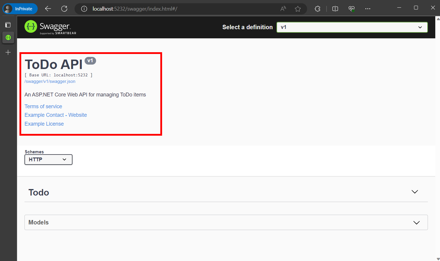 Interfaccia utente di Swagger con informazioni sulla versione.