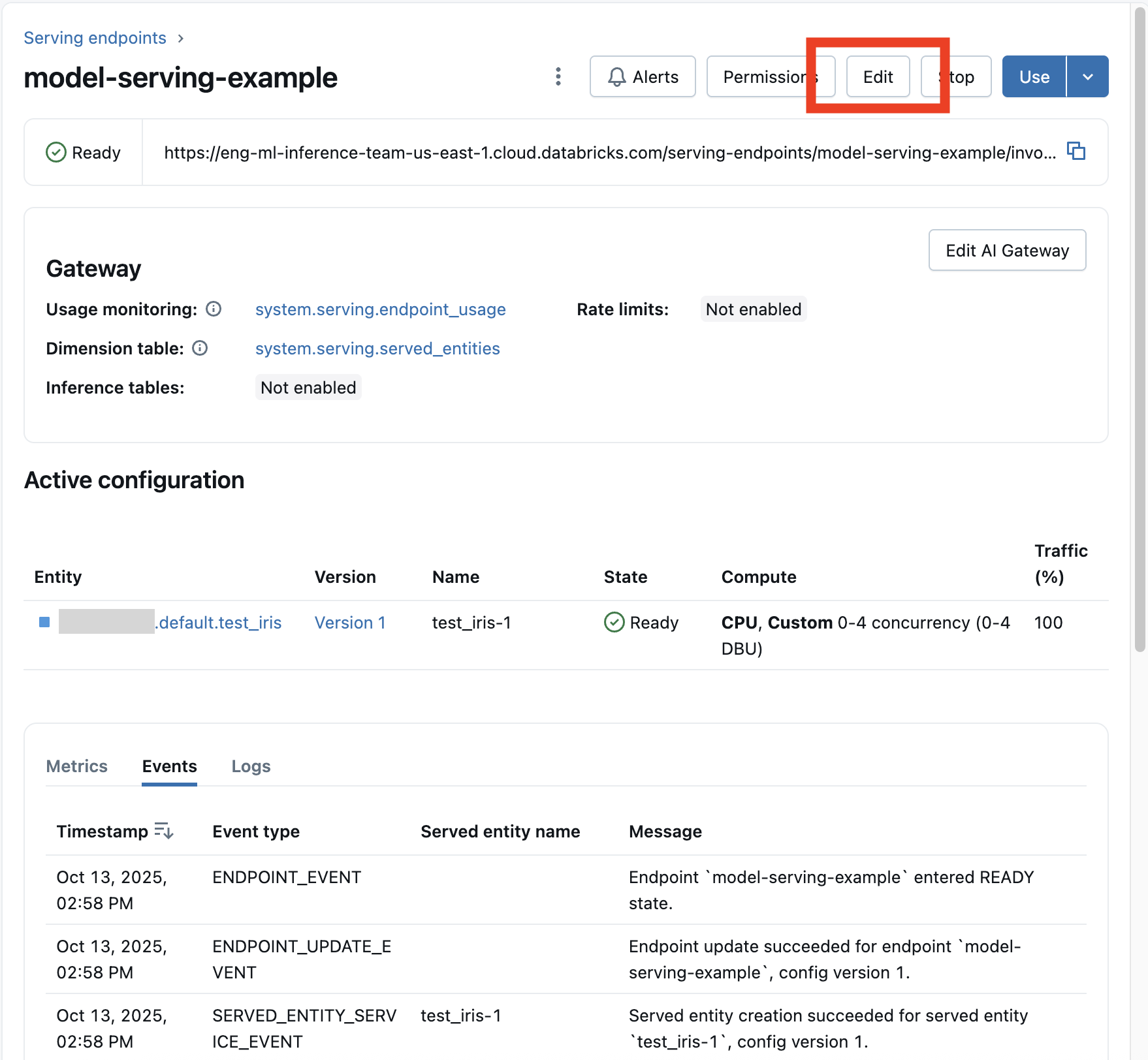 Pulsante di modifica dell'endpoint