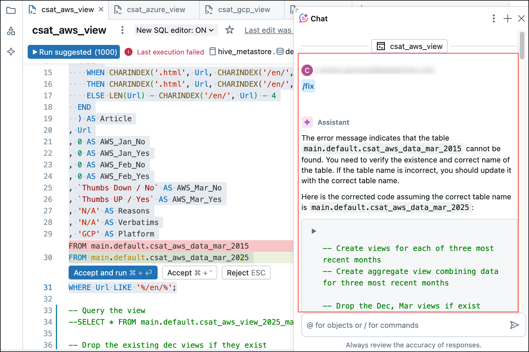 esempio di debugging per l'assistente in SQL.