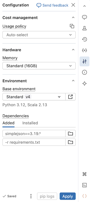 Pannello dell'ambiente serverless
