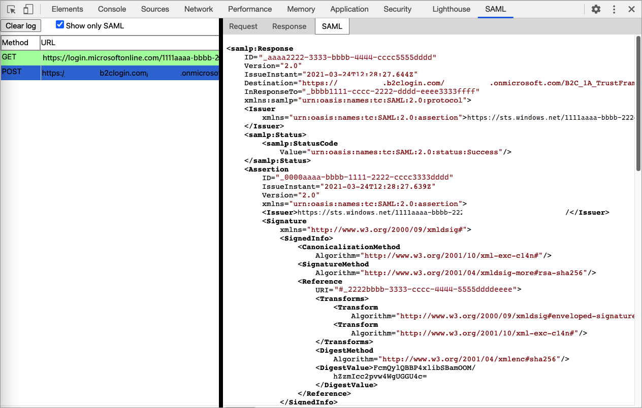 Screenshot del log di traccia del protocollo SAML.