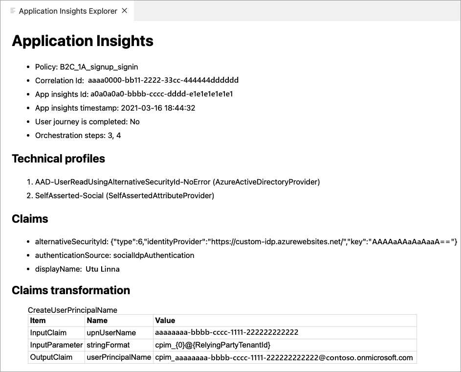 Screenshot del report di traccia di Azure AD B2C dell'estensione Azure AD B2C.